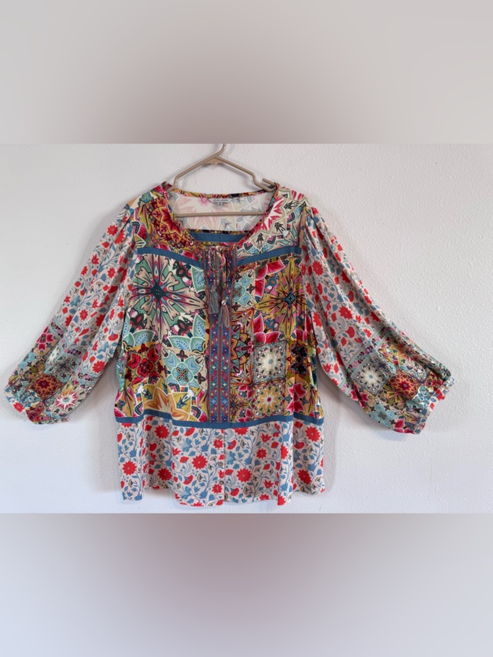 John Mark Boho Multicolor Patchwork Floral Tunic - Red, Blue, Green Plus Size 1x